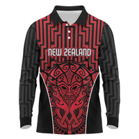 Custom Basketball New Zealand Long Sleeve Polo Shirt Red Maori Ta Moko Indigenous - Polynesian Pride