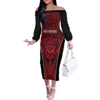 Custom Basketball New Zealand Off The Shoulder Long Sleeve Dress Red Maori Ta Moko Indigenous - Polynesian Pride