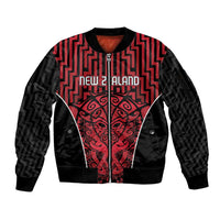 Custom Basketball New Zealand Sleeve Zip Bomber Jacket Red Maori Ta Moko Indigenous - Polynesian Pride