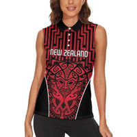 Custom Basketball New Zealand Women Sleeveless Polo Shirt Red Maori Ta Moko Indigenous - Polynesian Pride