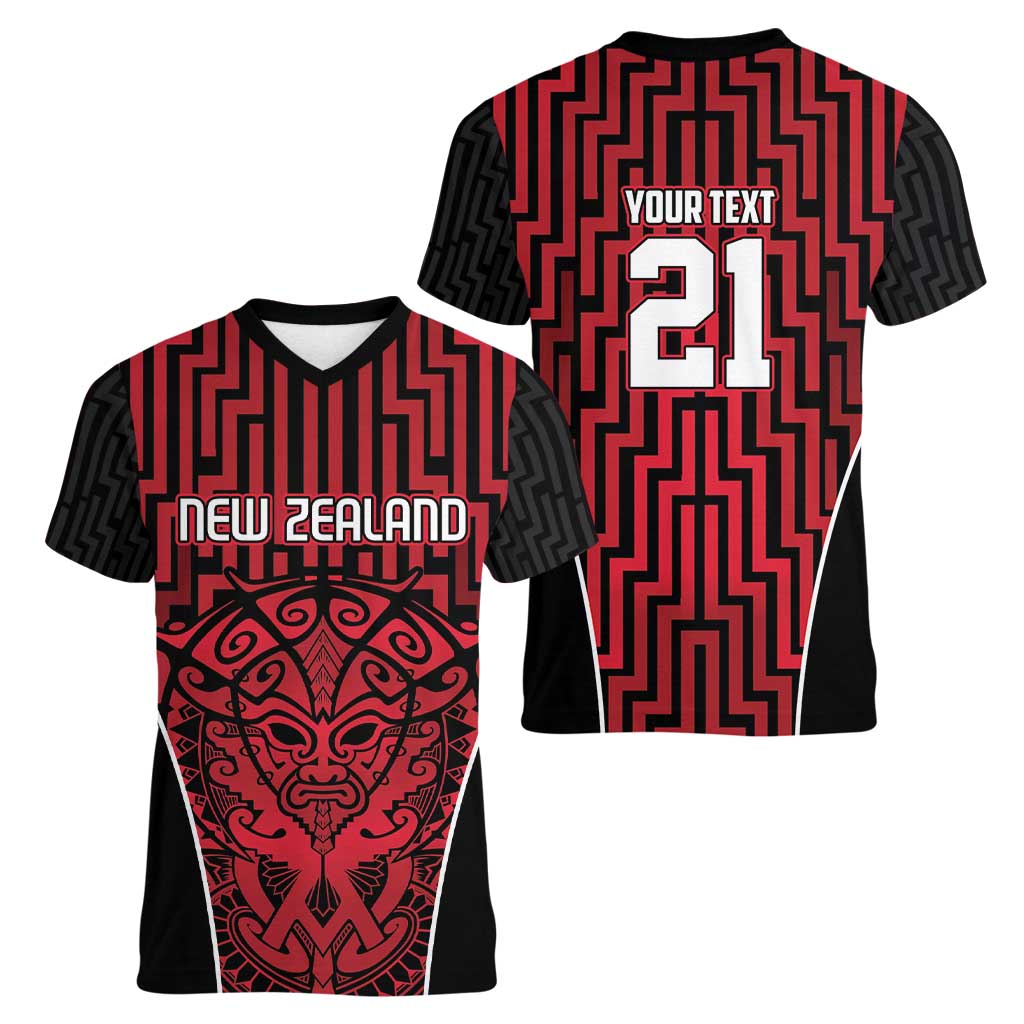 Custom Basketball New Zealand Women V-Neck T-Shirt Red Maori Ta Moko Indigenous - Polynesian Pride