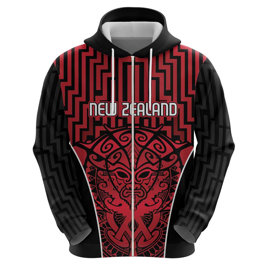 Custom Basketball New Zealand Zip Hoodie Red Maori Ta Moko Indigenous - Polynesian Pride