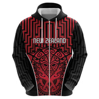Custom Basketball New Zealand Zip Hoodie Red Maori Ta Moko Indigenous - Polynesian Pride