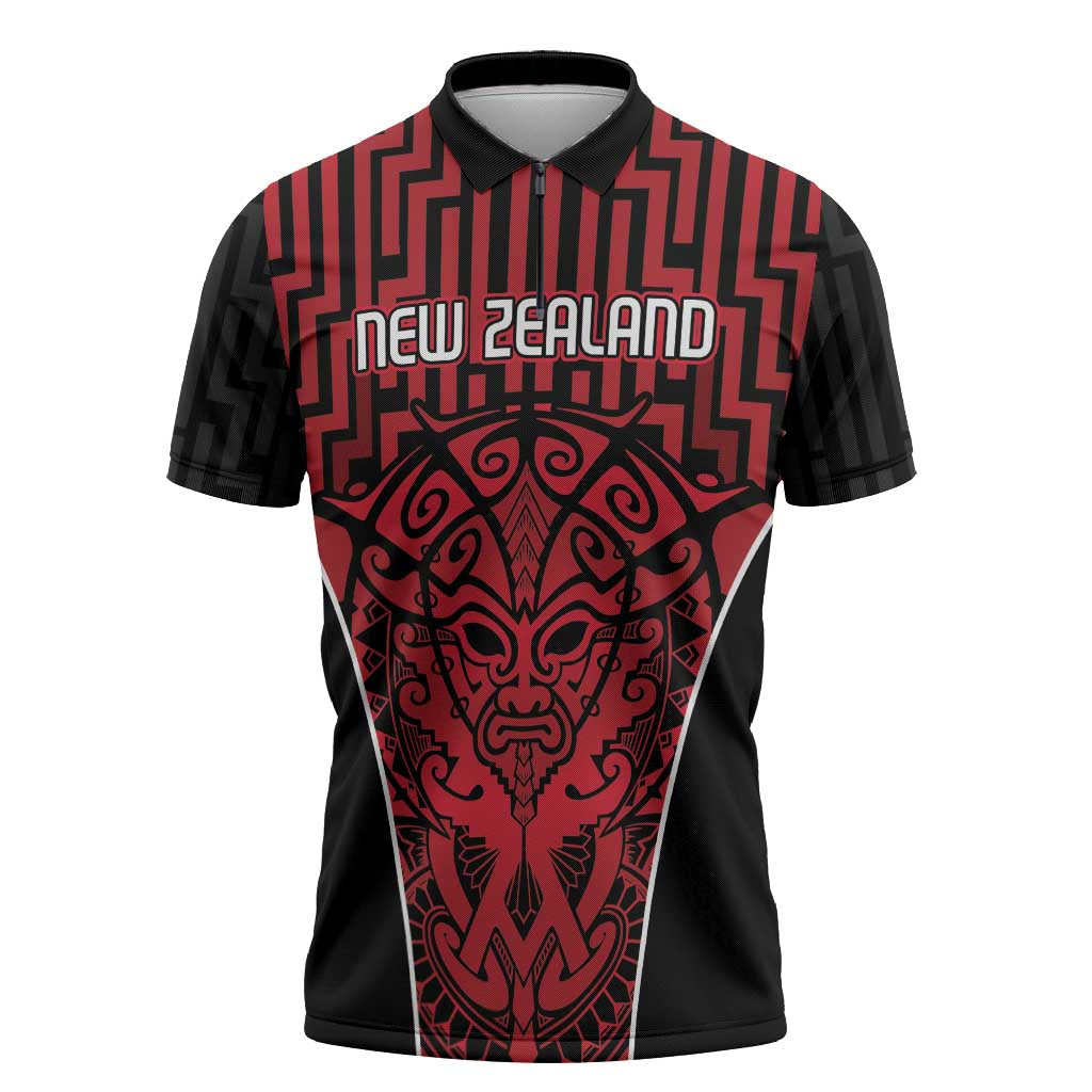 Custom Basketball New Zealand Zipper Polo Shirt Red Maori Ta Moko Indigenous - Polynesian Pride