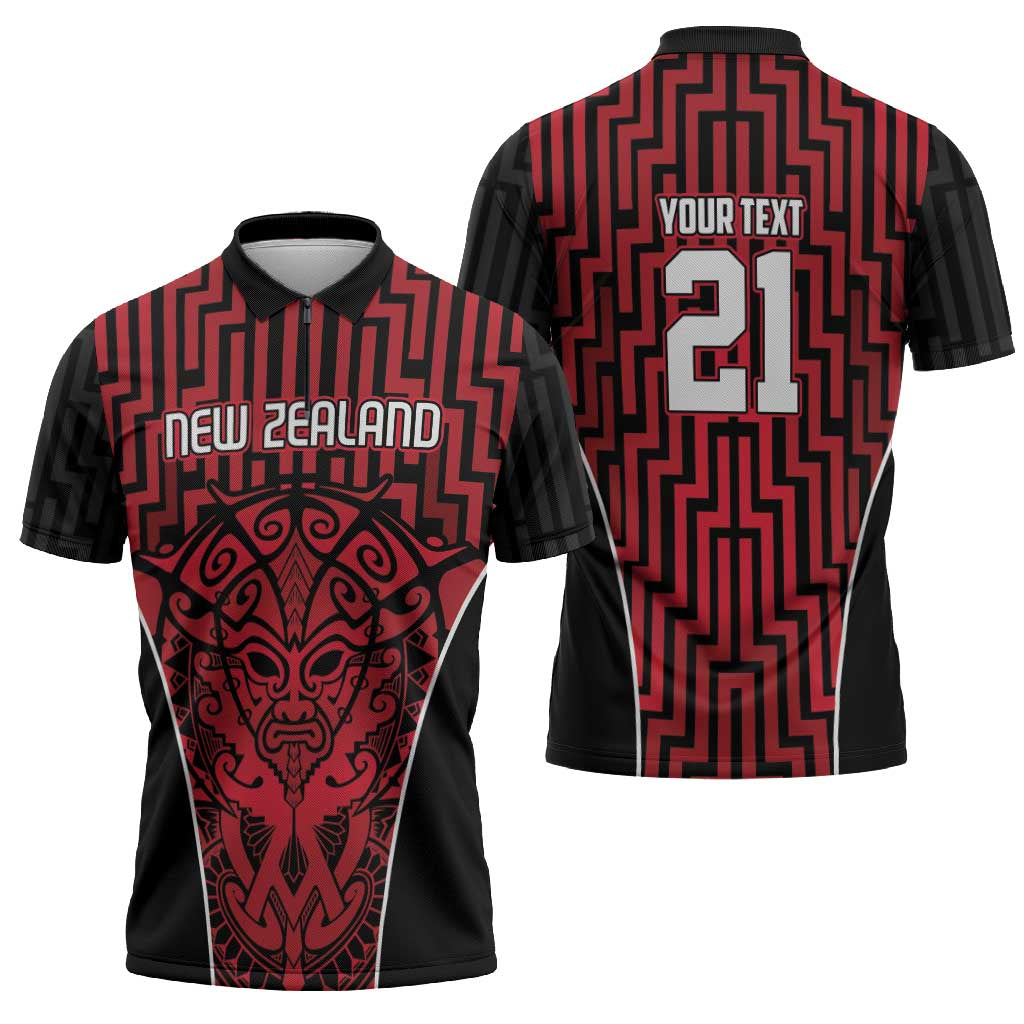 Custom Basketball New Zealand Zipper Polo Shirt Red Maori Ta Moko Indigenous - Polynesian Pride