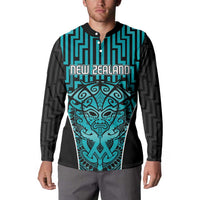 Custom Basketball New Zealand Button Sweatshirt Teal Maori Ta Moko Indigenous - Polynesian Pride