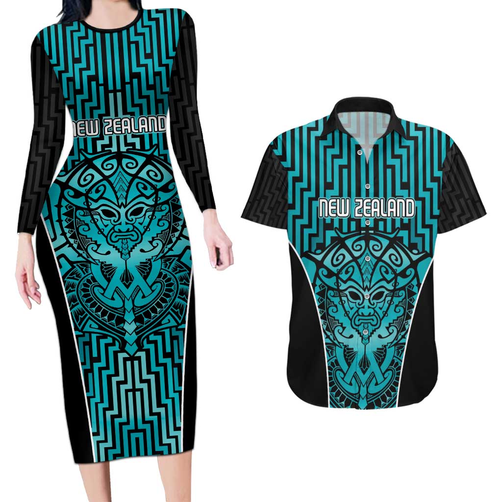 Custom Basketball New Zealand Couples Matching Long Sleeve Bodycon Dress and Hawaiian Shirt Teal Maori Ta Moko Indigenous - Polynesian Pride