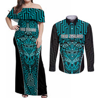 Custom Basketball New Zealand Couples Matching Off Shoulder Maxi Dress and Long Sleeve Button Shirt Teal Maori Ta Moko Indigenous - Polynesian Pride