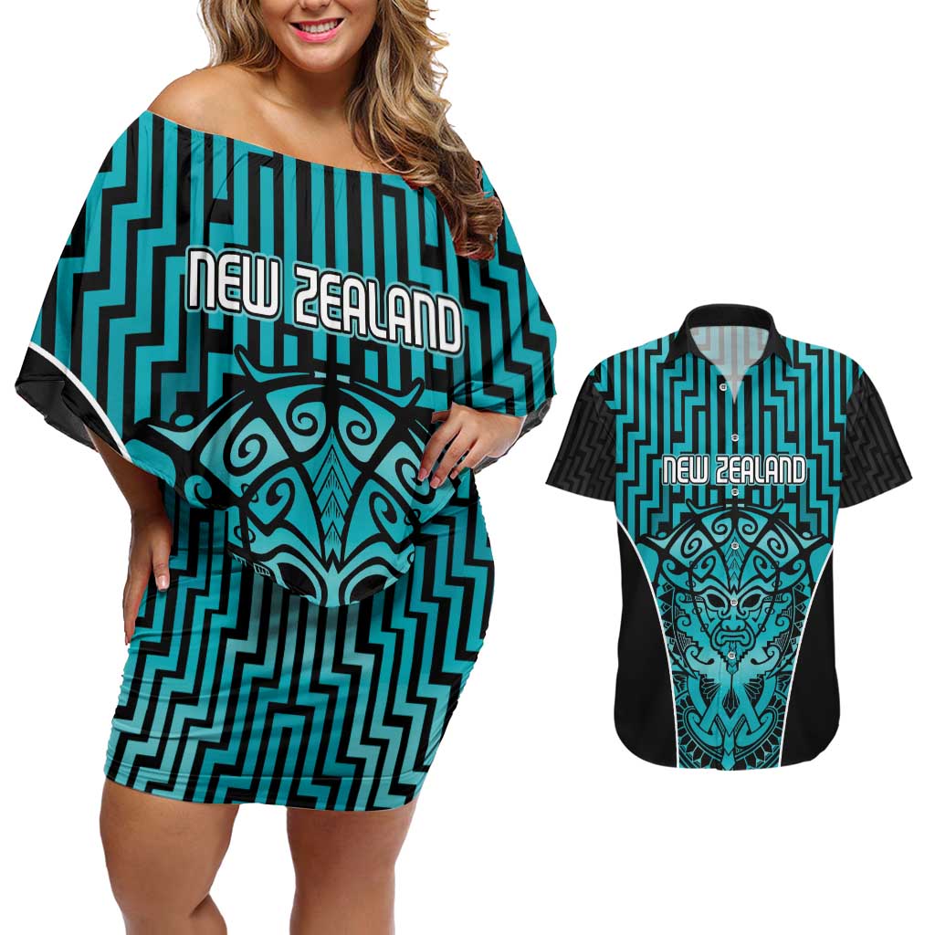 Custom Basketball New Zealand Couples Matching Off Shoulder Short Dress and Hawaiian Shirt Teal Maori Ta Moko Indigenous - Polynesian Pride