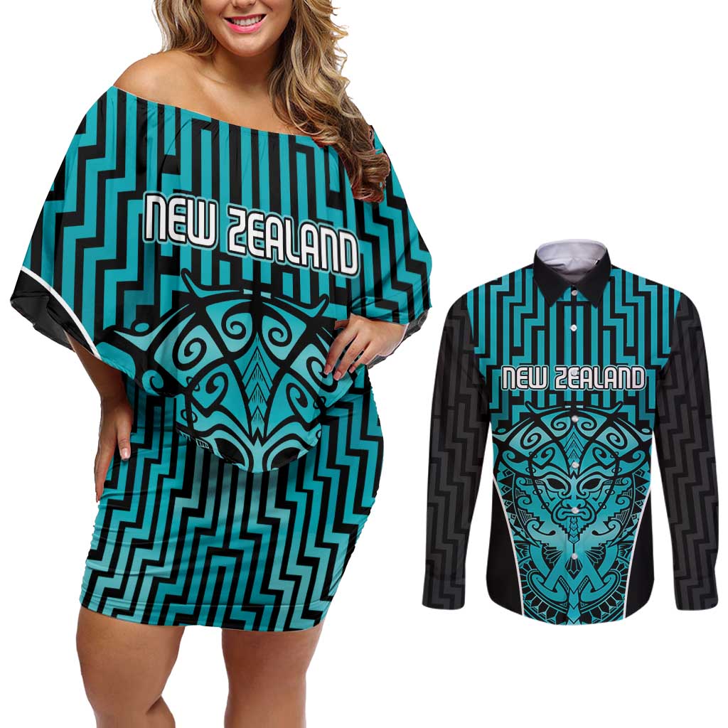 Custom Basketball New Zealand Couples Matching Off Shoulder Short Dress and Long Sleeve Button Shirt Teal Maori Ta Moko Indigenous - Polynesian Pride