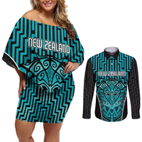 Custom Basketball New Zealand Couples Matching Off Shoulder Short Dress and Long Sleeve Button Shirt Teal Maori Ta Moko Indigenous - Polynesian Pride