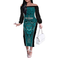 Custom Basketball New Zealand Family Matching Off The Shoulder Long Sleeve Dress and Hawaiian Shirt Teal Maori Ta Moko Indigenous - Polynesian Pride