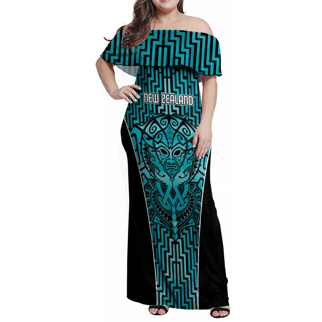 Custom Basketball New Zealand Family Matching Off Shoulder Maxi Dress and Hawaiian Shirt Teal Maori Ta Moko Indigenous - Polynesian Pride
