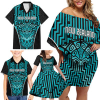 Custom Basketball New Zealand Family Matching Off Shoulder Short Dress and Hawaiian Shirt Teal Maori Ta Moko Indigenous - Polynesian Pride
