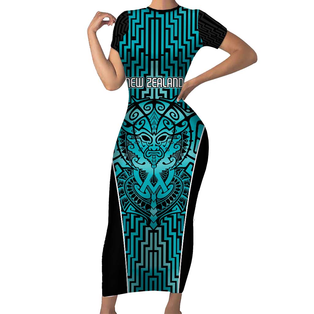 Custom Basketball New Zealand Family Matching Short Sleeve Bodycon Dress and Hawaiian Shirt Teal Maori Ta Moko Indigenous - Polynesian Pride
