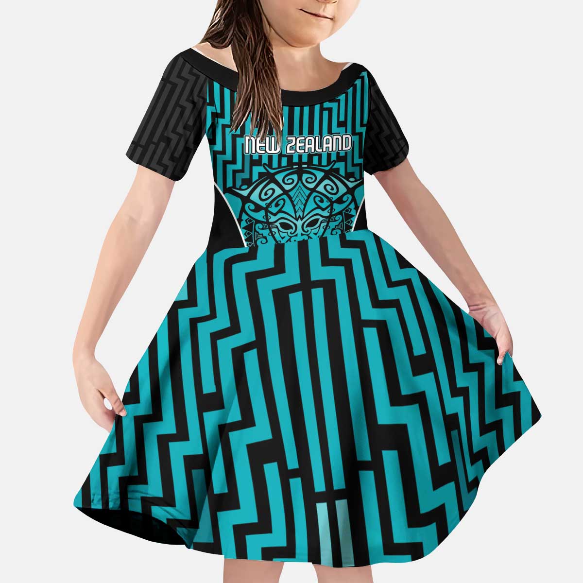 Custom Basketball New Zealand Kid Short Sleeve Dress Teal Maori Ta Moko Indigenous - Polynesian Pride