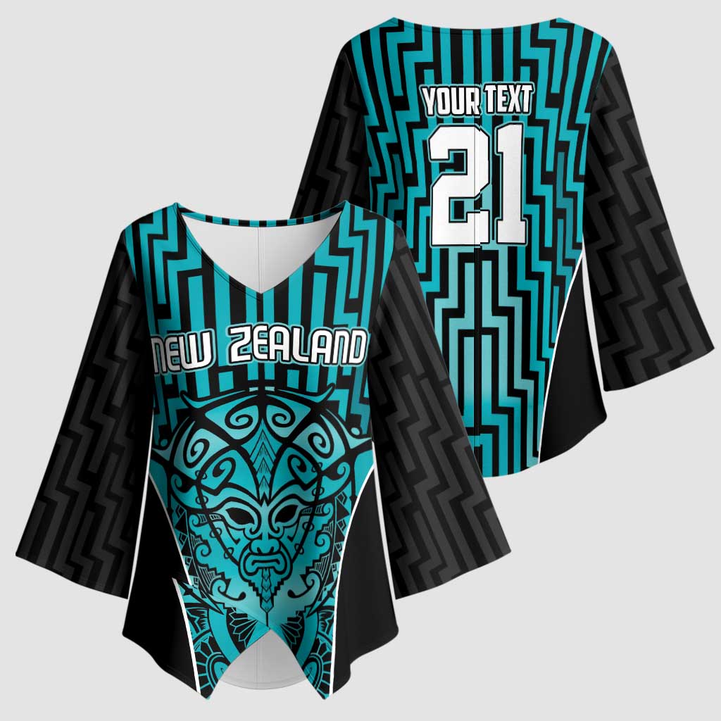 Custom Basketball New Zealand Kimono Sleeve Blouse Teal Maori Ta Moko Indigenous - Polynesian Pride