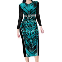 Custom Basketball New Zealand Long Sleeve Bodycon Dress Teal Maori Ta Moko Indigenous - Polynesian Pride