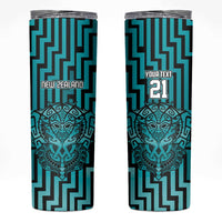 Custom Basketball New Zealand Skinny Tumbler Teal Maori Ta Moko Indigenous - Polynesian Pride