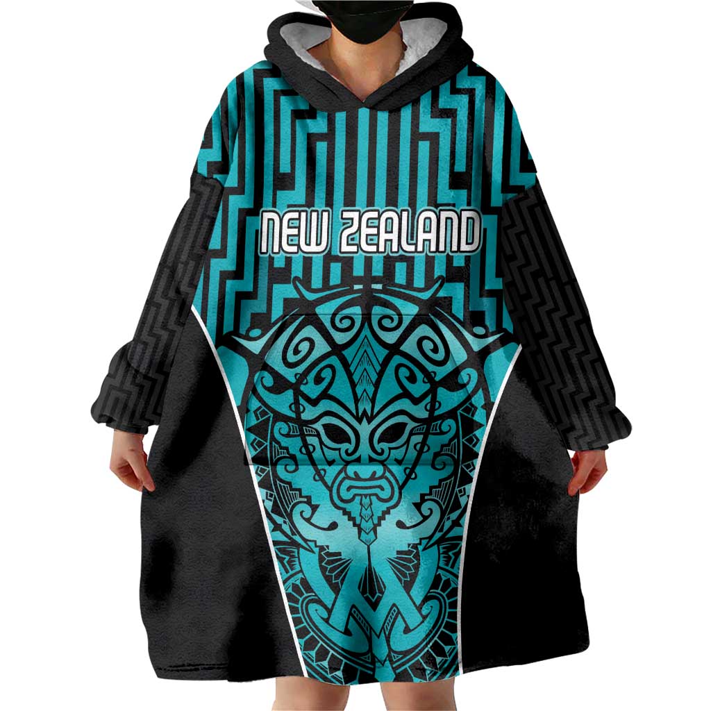 Custom Basketball New Zealand Wearable Blanket Hoodie Teal Maori Ta Moko Indigenous - Polynesian Pride