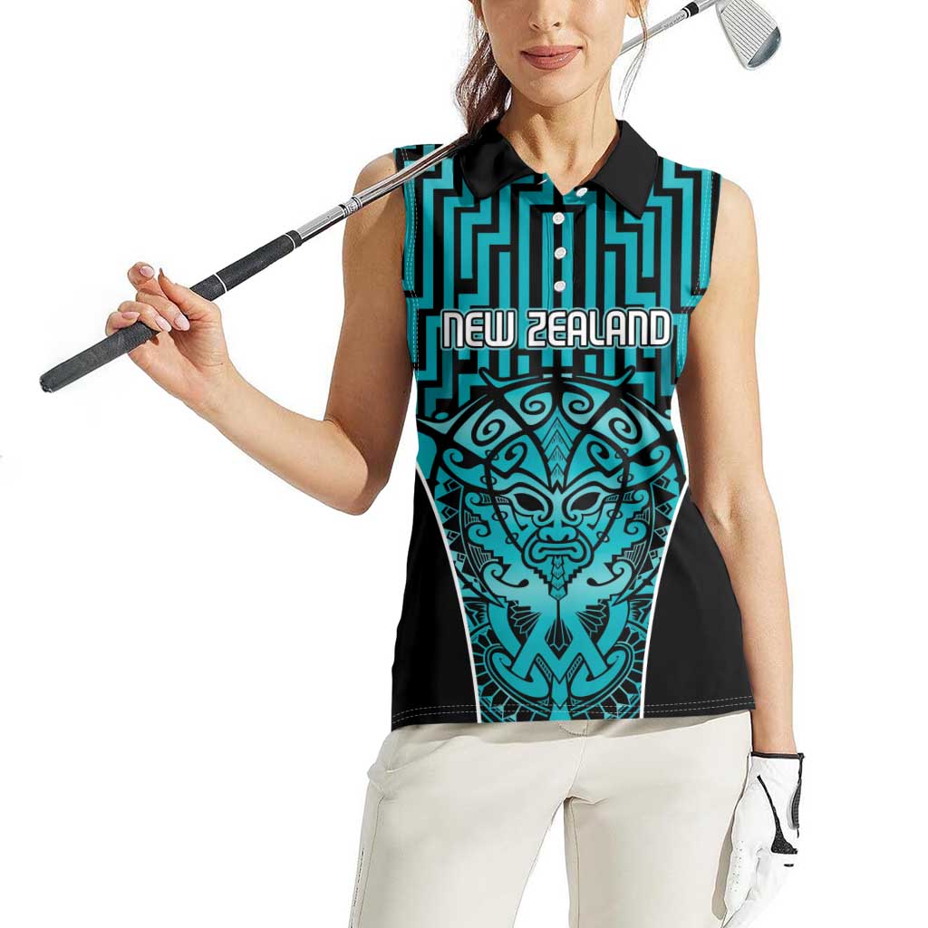 Custom Basketball New Zealand Women Sleeveless Polo Shirt Teal Maori Ta Moko Indigenous - Polynesian Pride