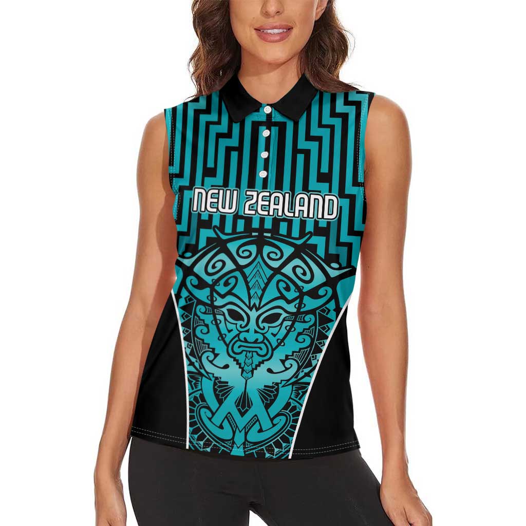 Custom Basketball New Zealand Women Sleeveless Polo Shirt Teal Maori Ta Moko Indigenous - Polynesian Pride