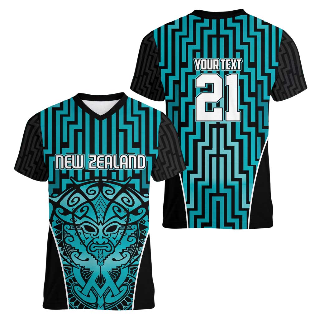 Custom Basketball New Zealand Women V-Neck T-Shirt Teal Maori Ta Moko Indigenous - Polynesian Pride