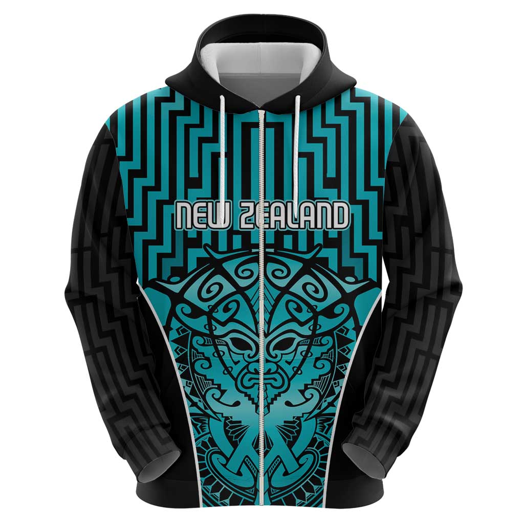 Custom Basketball New Zealand Zip Hoodie Teal Maori Ta Moko Indigenous - Polynesian Pride