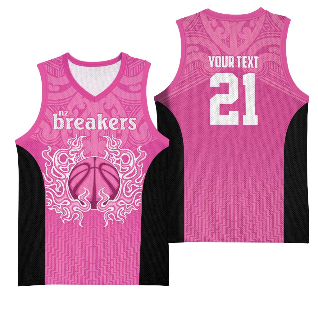 New Zealand Custom Basketball Jersey Fire Basketball Maori Tribal Pink - Polynesian Pride
