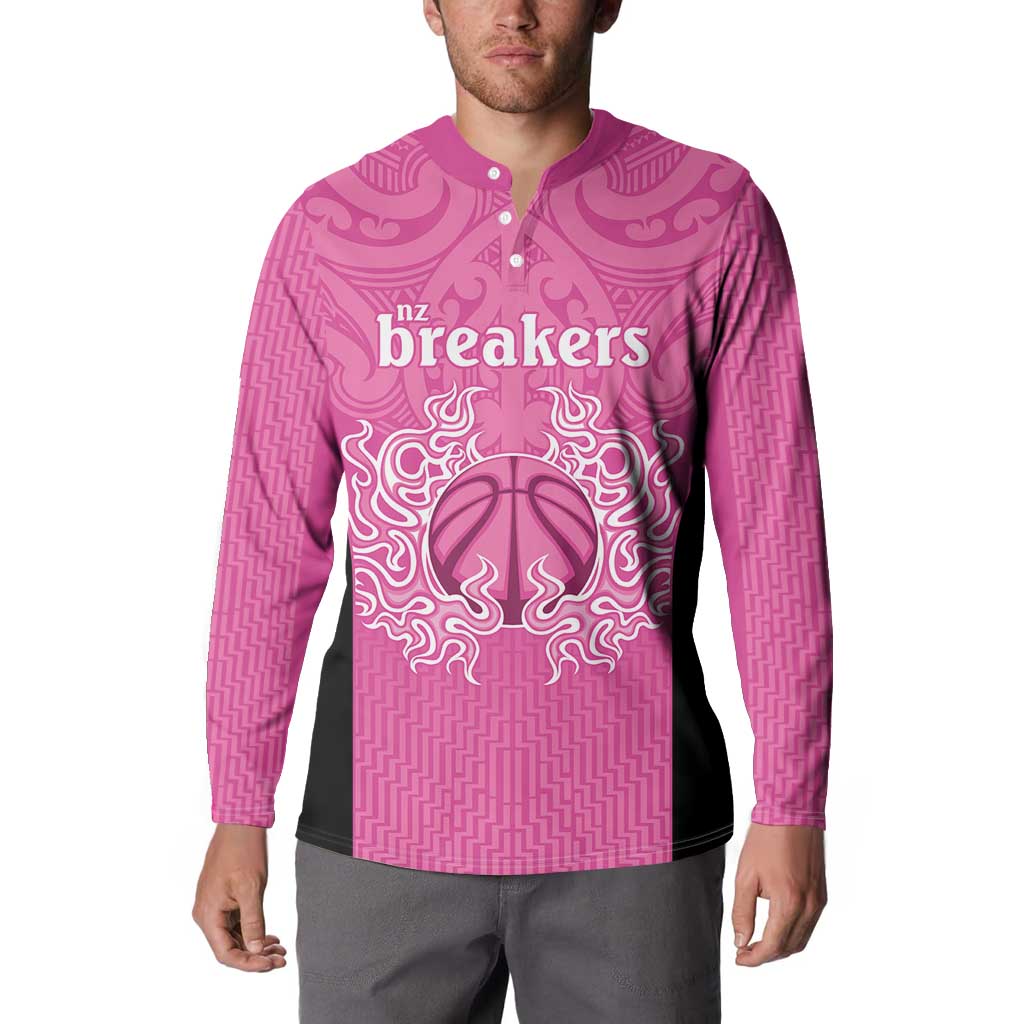 New Zealand Custom Button Sweatshirt Fire Basketball Maori Tribal Pink - Polynesian Pride