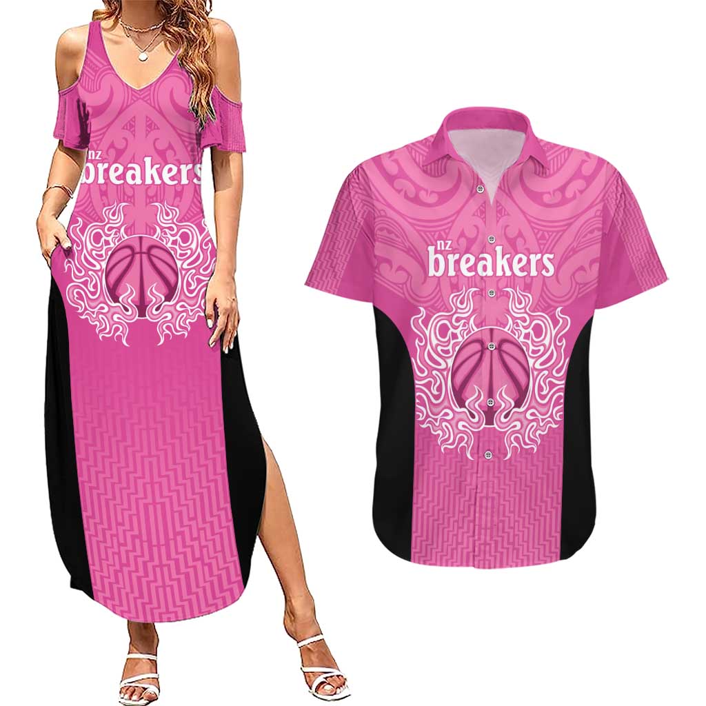 New Zealand Custom Couples Matching Summer Maxi Dress and Hawaiian Shirt Fire Basketball Maori Tribal Pink - Polynesian Pride