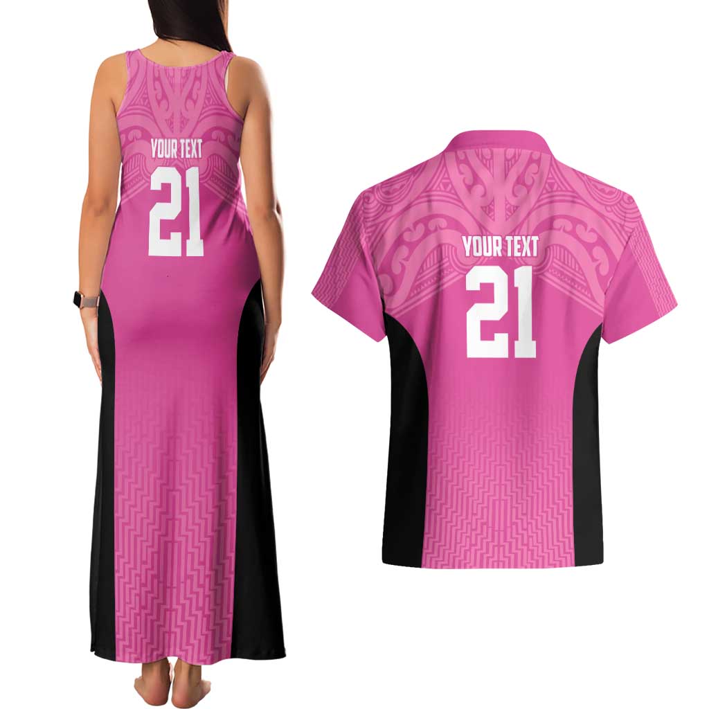 New Zealand Custom Couples Matching Tank Maxi Dress and Hawaiian Shirt Fire Basketball Maori Tribal Pink - Polynesian Pride