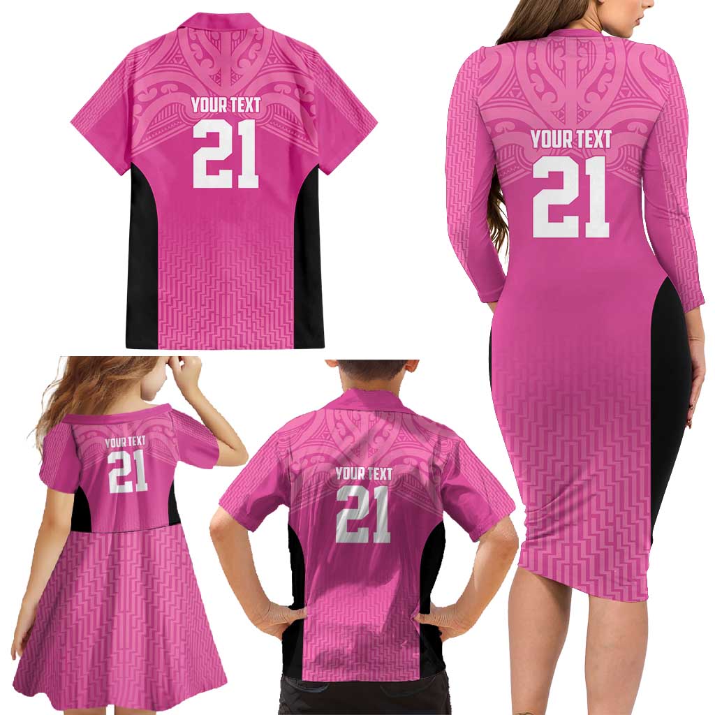 New Zealand Custom Family Matching Long Sleeve Bodycon Dress and Hawaiian Shirt Fire Basketball Maori Tribal Pink - Polynesian Pride