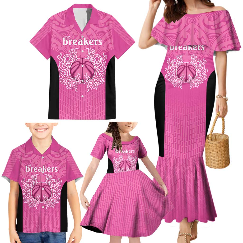 New Zealand Custom Family Matching Mermaid Dress and Hawaiian Shirt Fire Basketball Maori Tribal Pink - Polynesian Pride