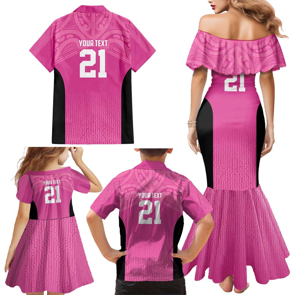 New Zealand Custom Family Matching Mermaid Dress and Hawaiian Shirt Fire Basketball Maori Tribal Pink - Polynesian Pride