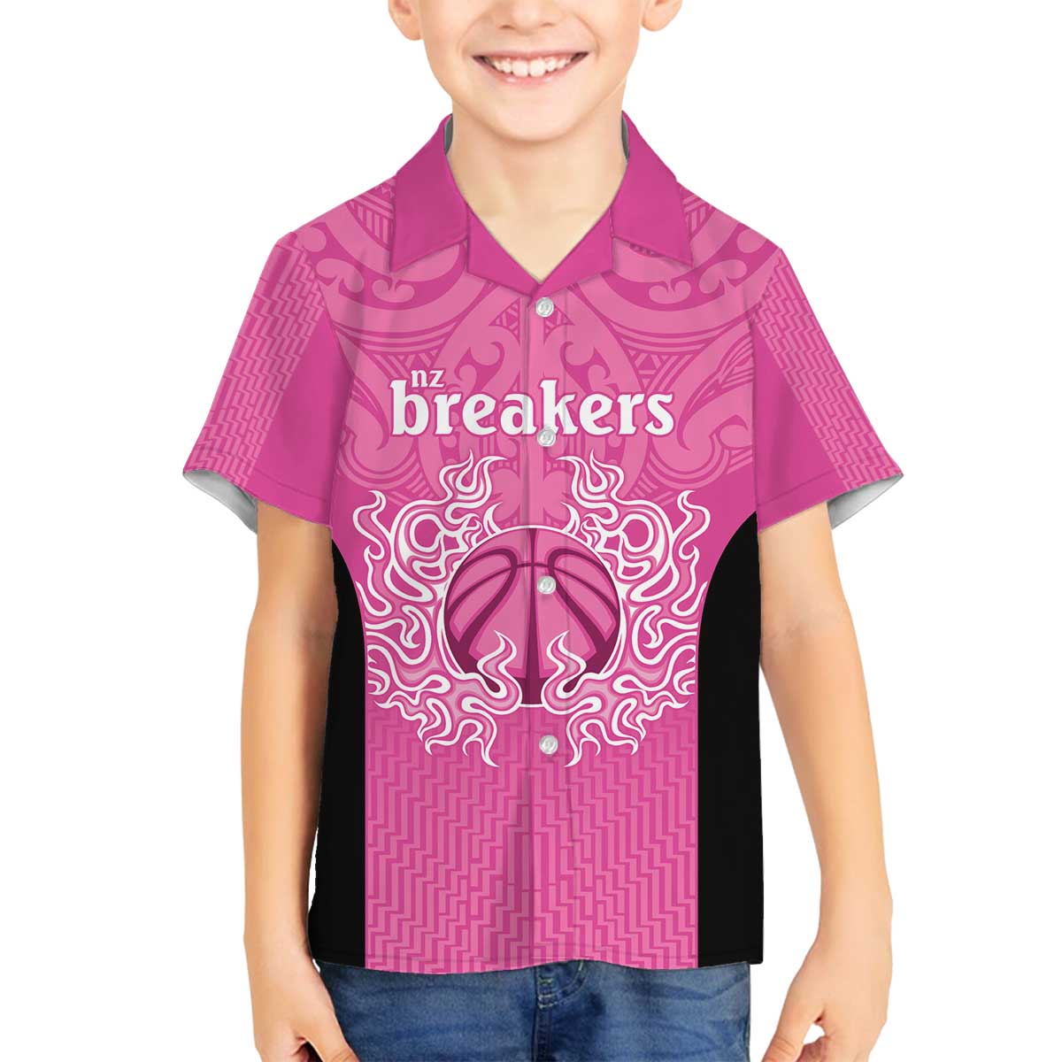 New Zealand Custom Family Matching Off The Shoulder Long Sleeve Dress and Hawaiian Shirt Fire Basketball Maori Tribal Pink - Polynesian Pride