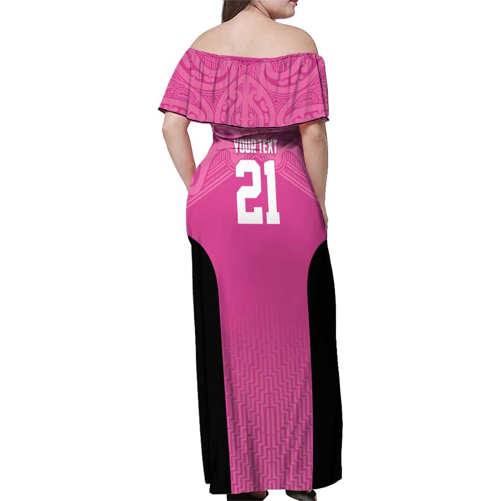 New Zealand Custom Family Matching Off Shoulder Maxi Dress and Hawaiian Shirt Fire Basketball Maori Tribal Pink - Polynesian Pride