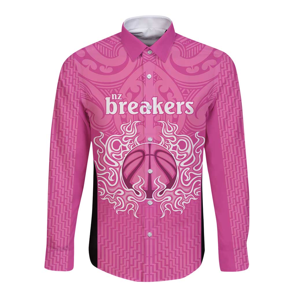 New Zealand Custom Long Sleeve Button Shirt Fire Basketball Maori Tribal Pink - Polynesian Pride