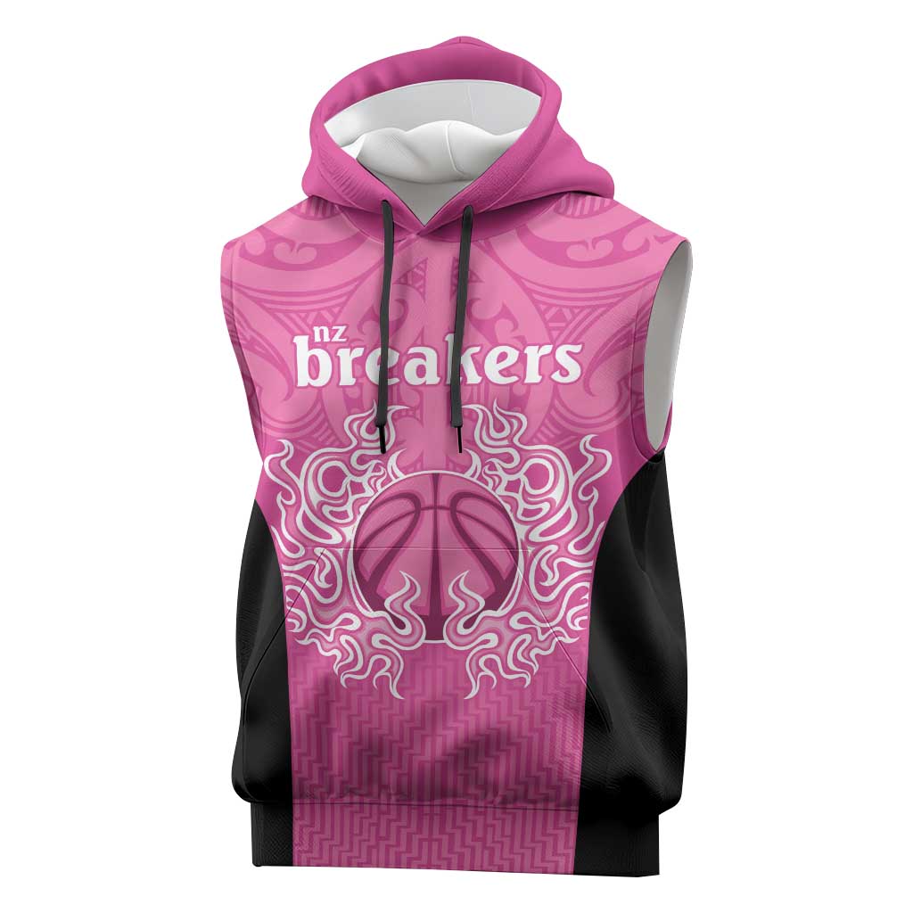 New Zealand Custom Sleeveless Hoodie Fire Basketball Maori Tribal Pink - Polynesian Pride