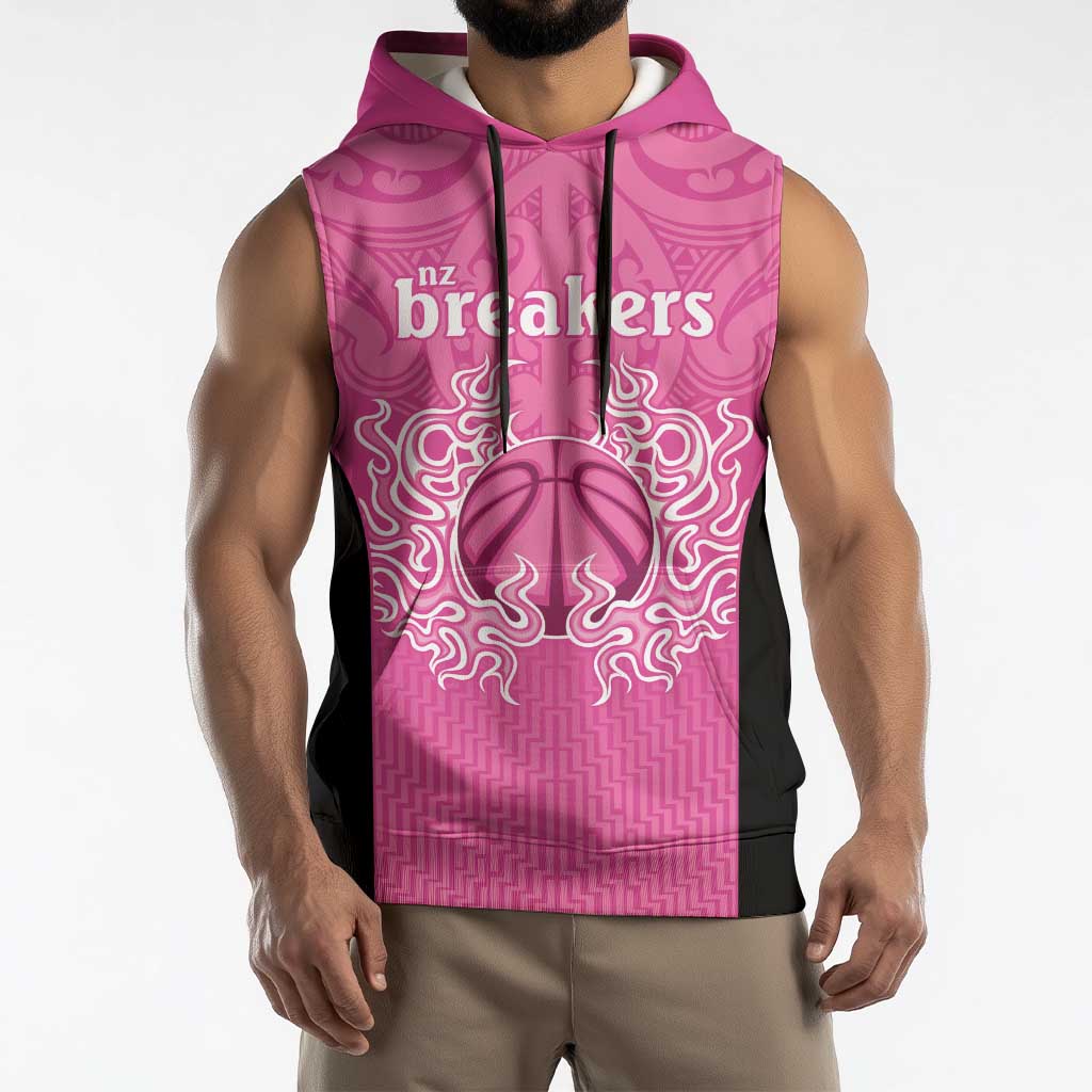 New Zealand Custom Sleeveless Hoodie Fire Basketball Maori Tribal Pink - Polynesian Pride