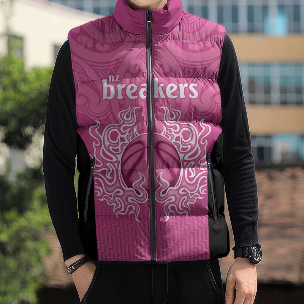 New Zealand Custom Sleeveless Puffer Jacket Fire Basketball Maori Tribal Pink - Polynesian Pride