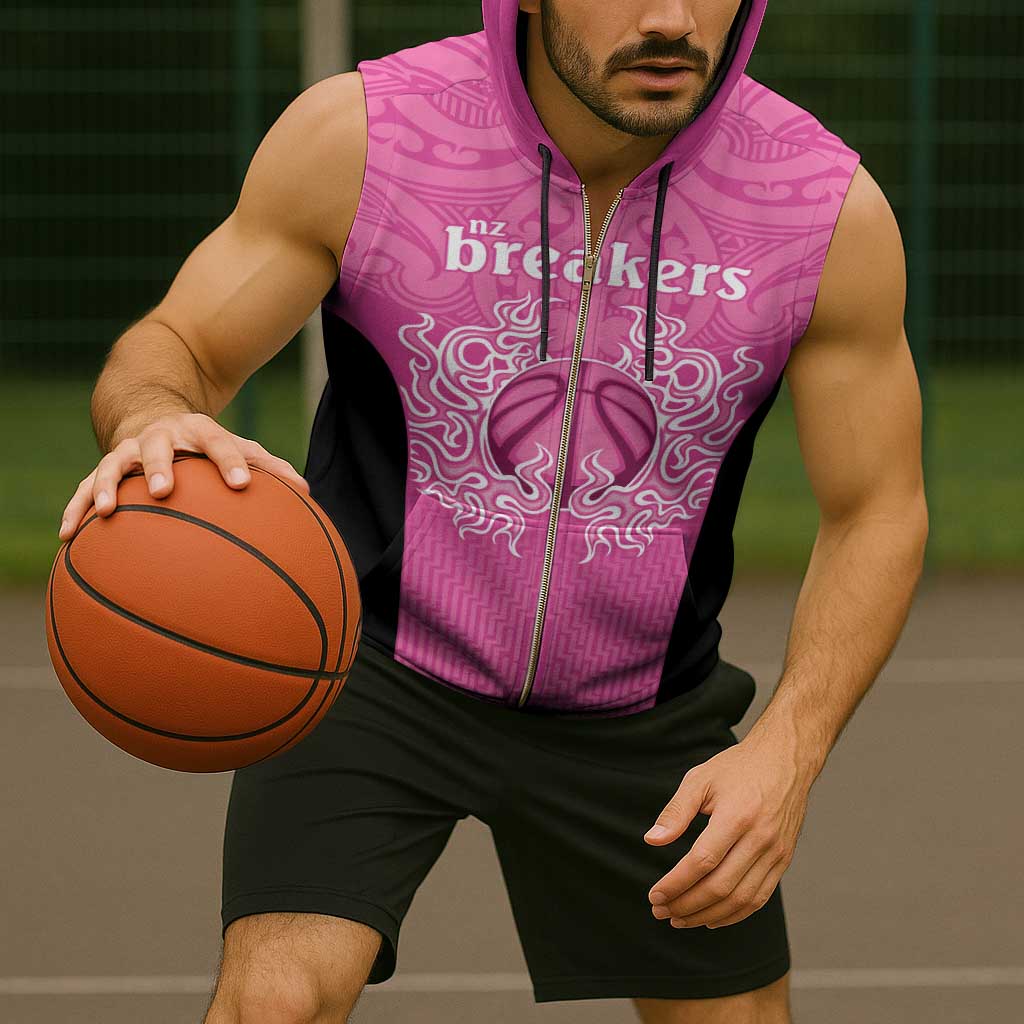 New Zealand Custom Sleeveless Zip Hoodie Fire Basketball Maori Tribal Pink - Polynesian Pride