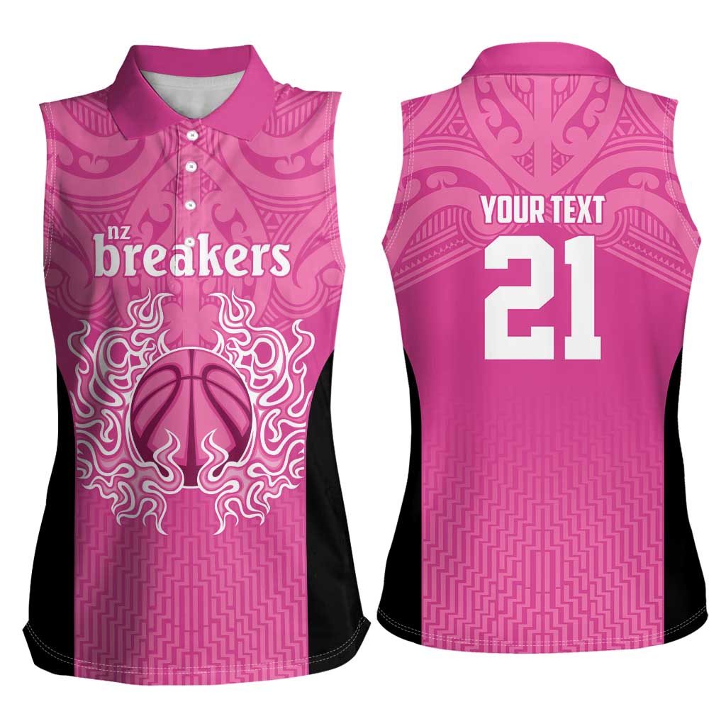 New Zealand Custom Women Sleeveless Polo Shirt Fire Basketball Maori Tribal Pink - Polynesian Pride