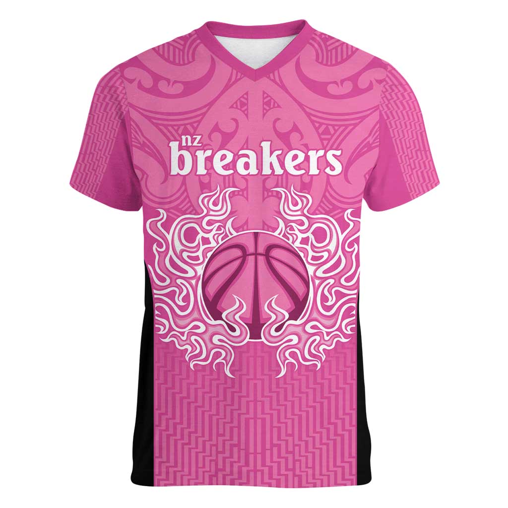 New Zealand Custom Women V-Neck T-Shirt Fire Basketball Maori Tribal Pink - Polynesian Pride