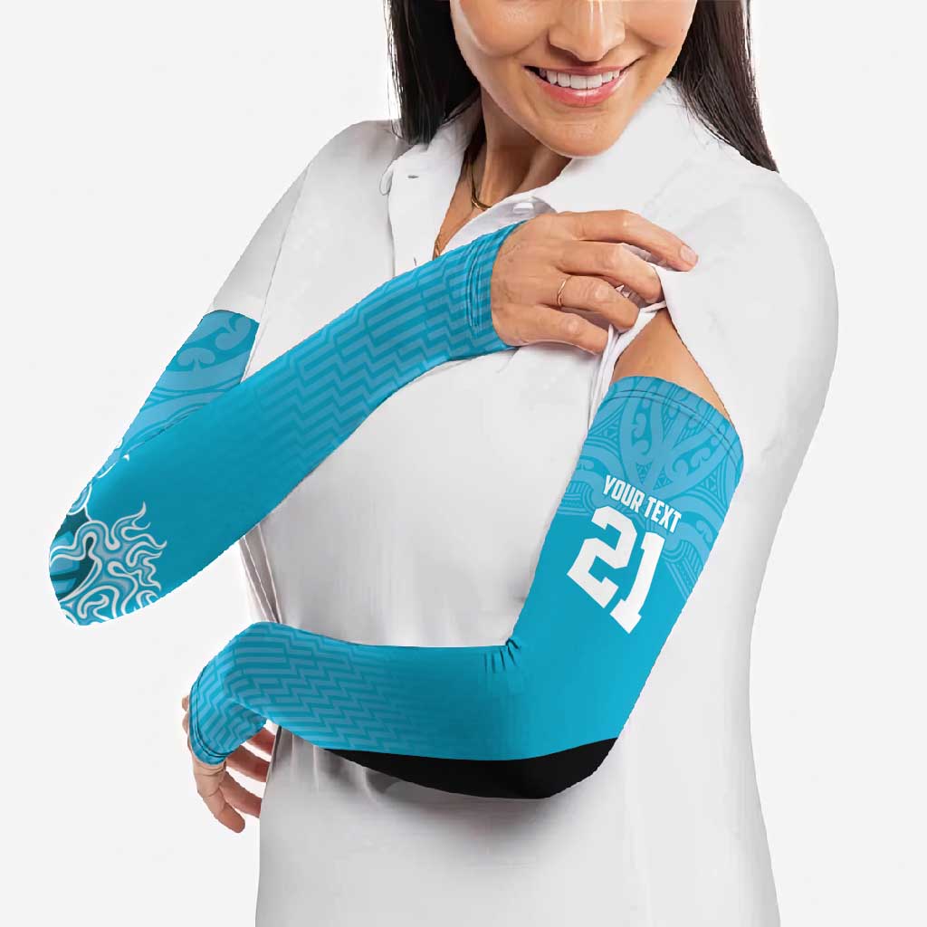 New Zealand Custom Arm Sleeves Fire Basketball Maori Tribal Sky Blue - Polynesian Pride