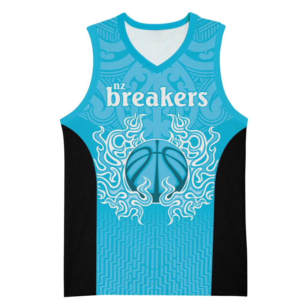 New Zealand Custom Basketball Jersey Fire Basketball Maori Tribal Sky Blue - Polynesian Pride