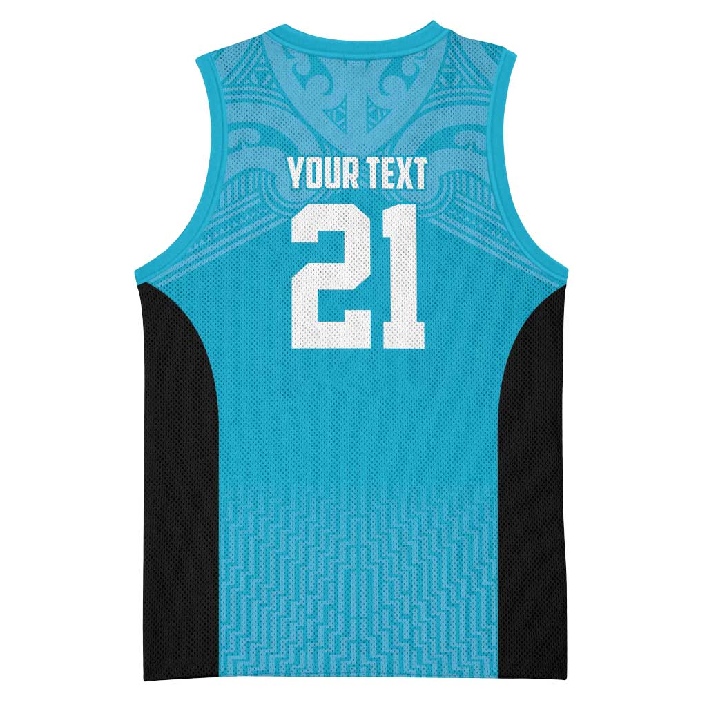 New Zealand Custom Basketball Jersey Fire Basketball Maori Tribal Sky Blue - Polynesian Pride