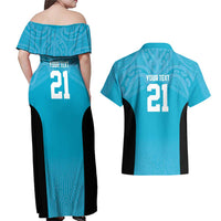 New Zealand Custom Couples Matching Off Shoulder Maxi Dress and Hawaiian Shirt Fire Basketball Maori Tribal Sky Blue - Polynesian Pride