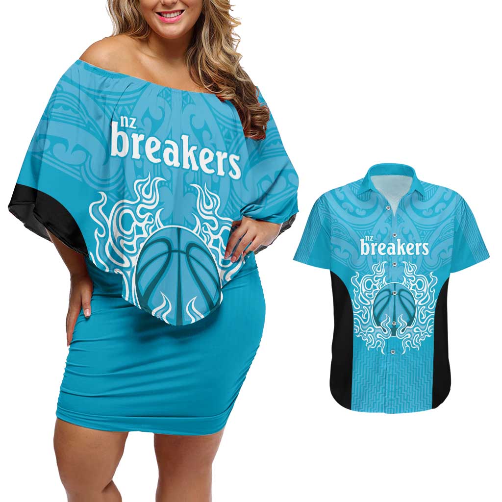 New Zealand Custom Couples Matching Off Shoulder Short Dress and Hawaiian Shirt Fire Basketball Maori Tribal Sky Blue - Polynesian Pride