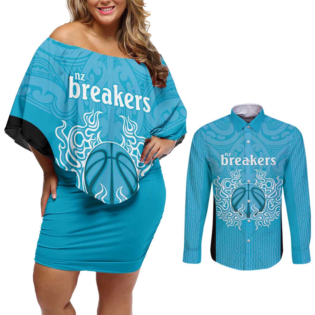 New Zealand Custom Couples Matching Off Shoulder Short Dress and Long Sleeve Button Shirt Fire Basketball Maori Tribal Sky Blue - Polynesian Pride
